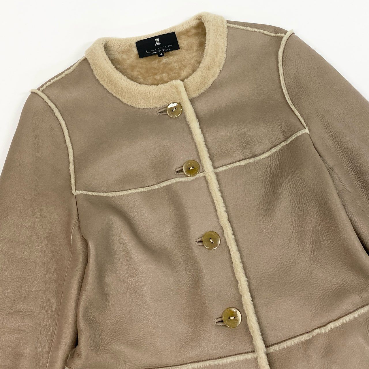 11b20 LANVIN COLLECTION ランバン コレクション ムートンコート レザーコート スペイン製ラム 38 グレージュ 羊革 レディースu02t