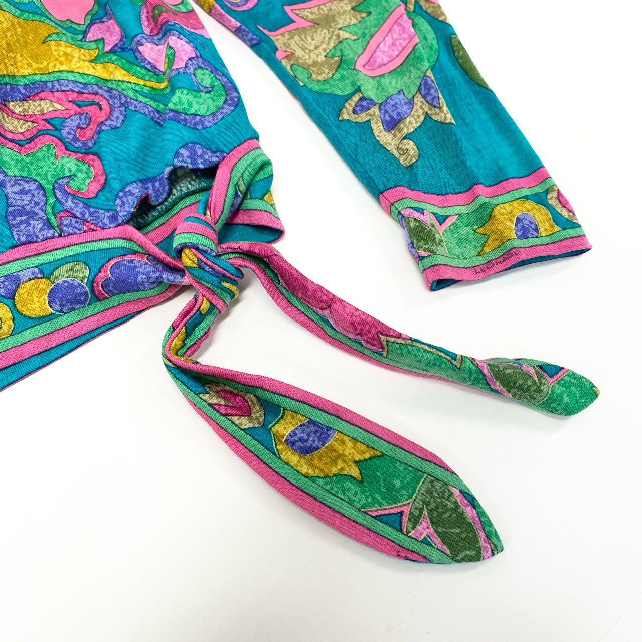 21k11 LEONARD レオナール ロングスリーブ カットソー 美しい花柄プリント ドルマンスリーブ 裾リボン レディース S グリーン系 ウールシルクu02t