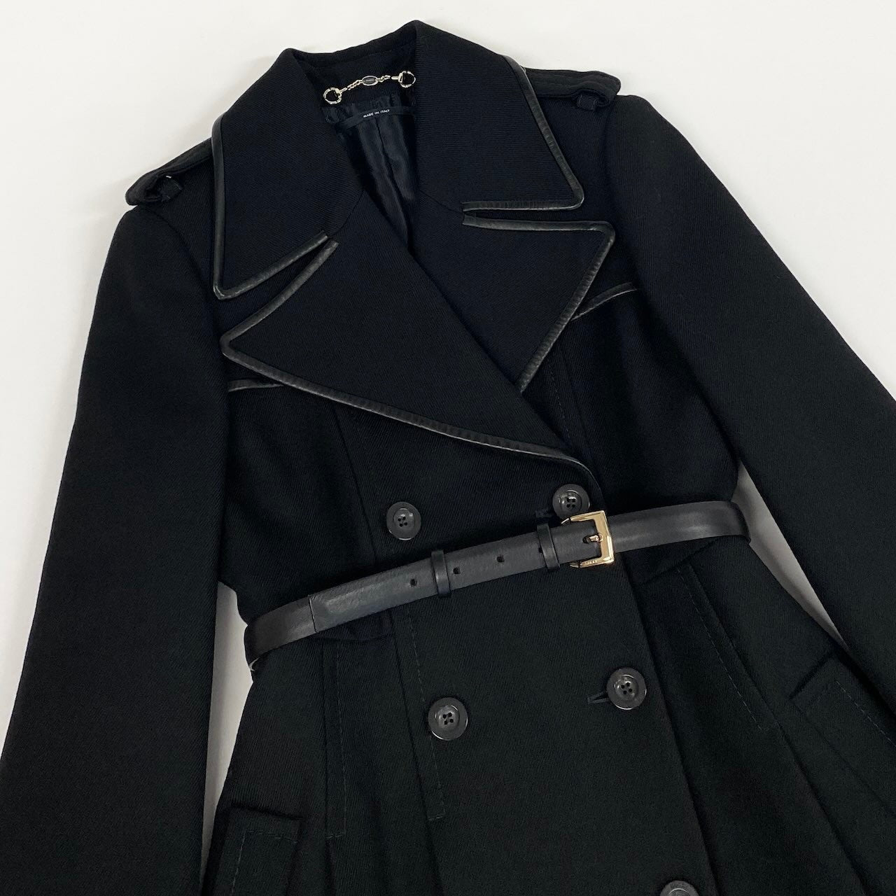 Ec31 《美品》 GUCCI グッチ レザーパイピング トレンチコート Leather Piping Trench Coat サイズ36 ブラック ベルト付t18r