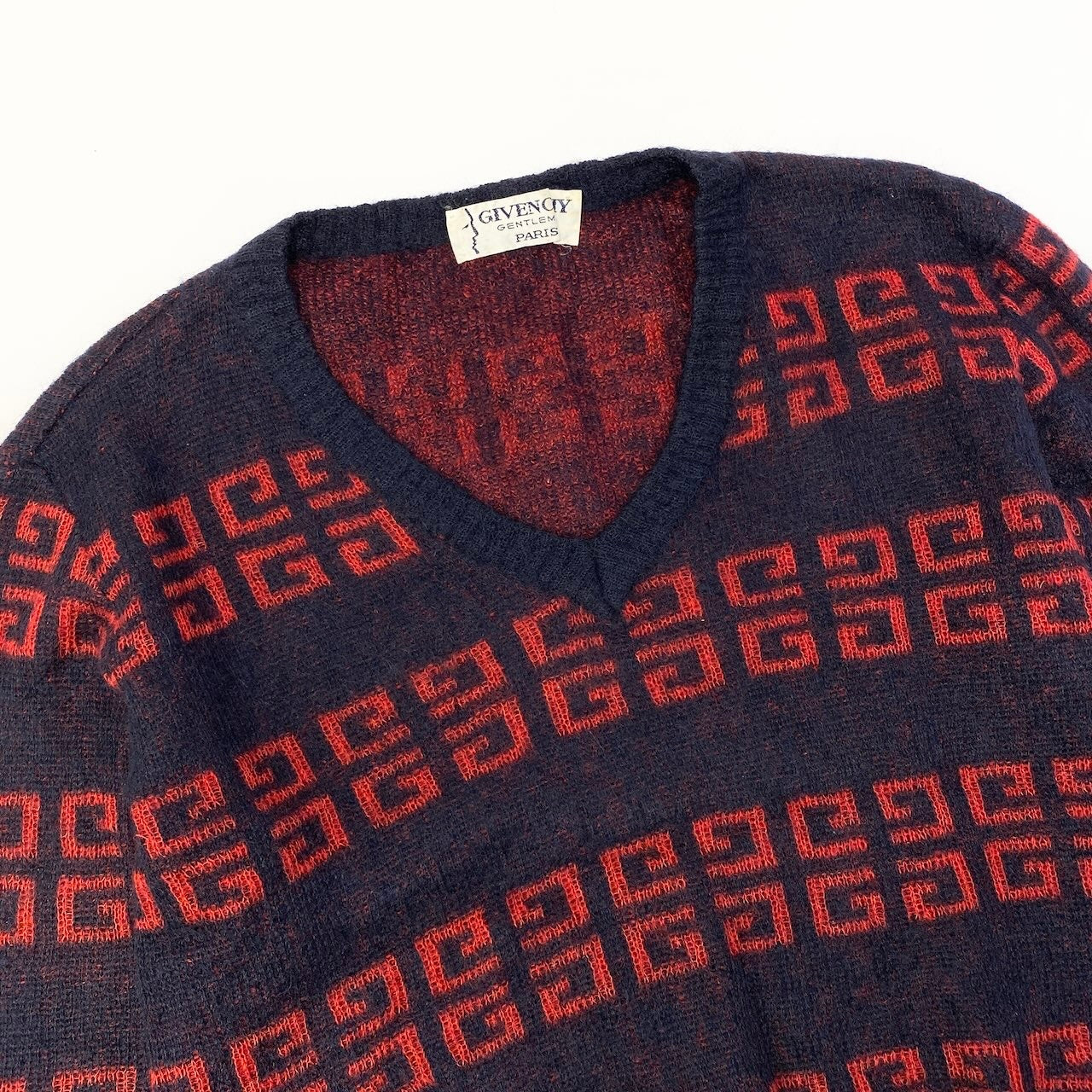 17c16 GIVENCHY ジバンシー Vintage ロングスリーブVネックニット ニットセーター ブランドロゴ トップス 48サイズ ネイビー レッド メンズ 男性用o07t
