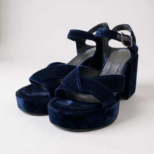 1L11 JIL SANDER ジルサンダー ベロア ベルベットサンダル チャンキーヒール サイズ37 ネイビー ストラップ レディース 女性用 靴k02i