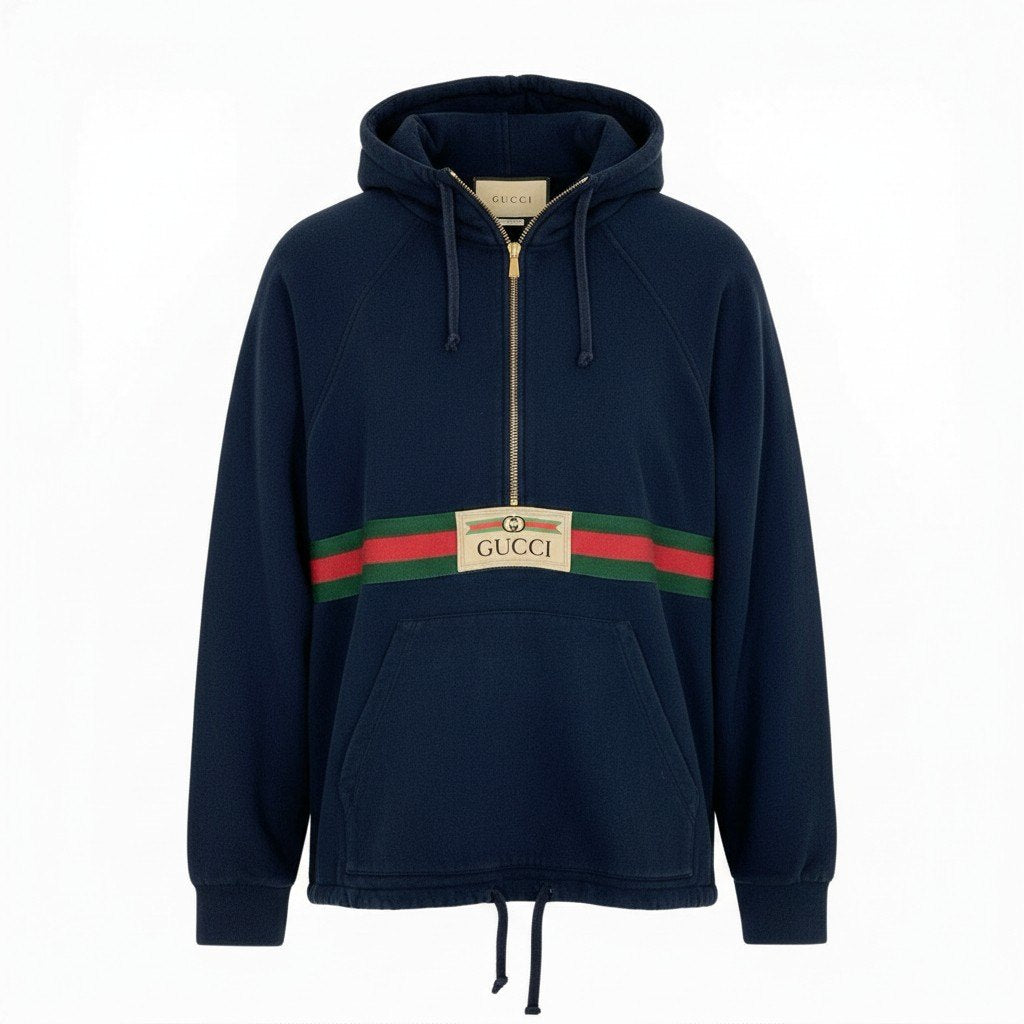 10a13 GUCCI グッチ ハーフジップ スウェットパーカー 長袖 フロントロゴ GGマーク シェリーライン イタリア製 メンズ 紳士服 XS ネイビー コットン100％o07t