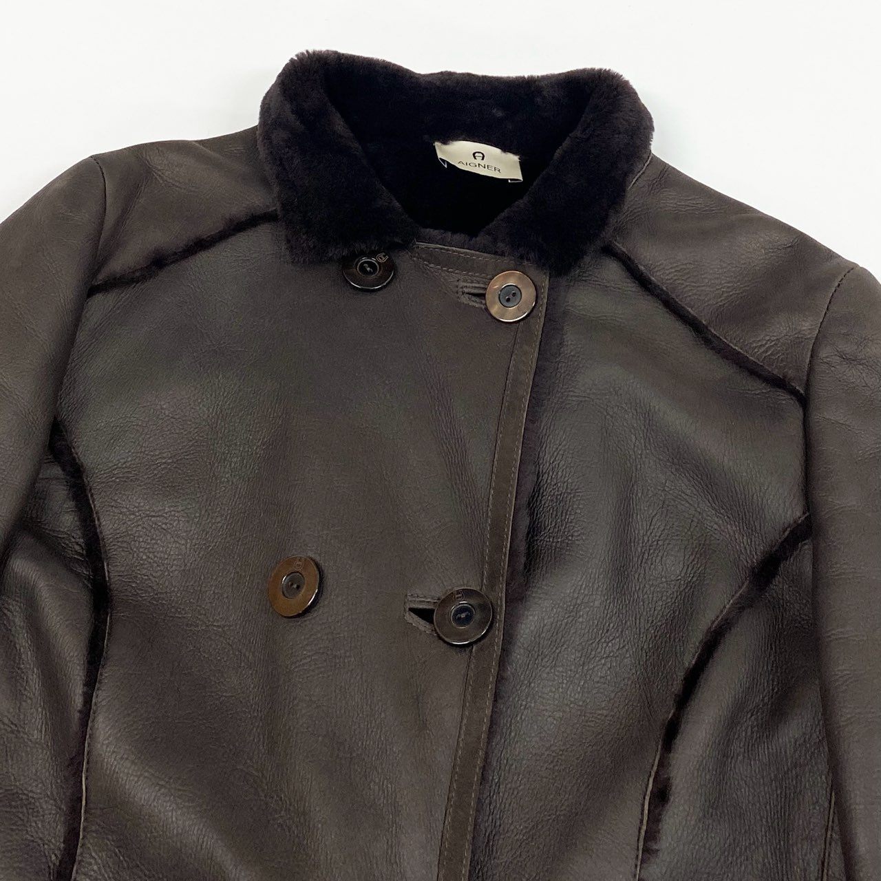 60l16 AIGNER アイグナー ムートンコート ロングコート レザーコート ダブル 46 ブラウン ムートン レディース イタリア製u02t