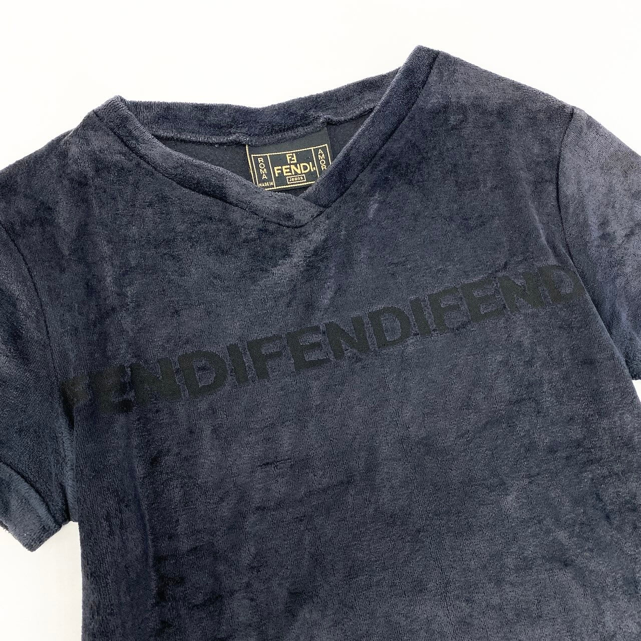 e8 FENDI 半袖ベロアTシャツ VネックロゴTシャツ トップス イタリア製 40サイズ ブラック系 レディース 女性用ta1
