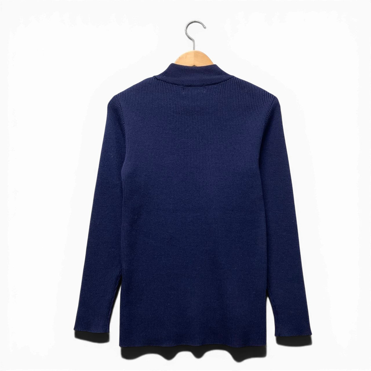 40f15 YVES SAINT LAURENT イヴサンローラン YSLロゴ リブニット ロングスリーブ ハイネックセーター サイズM ネイビー ウール100％ レディース 女性服o07t