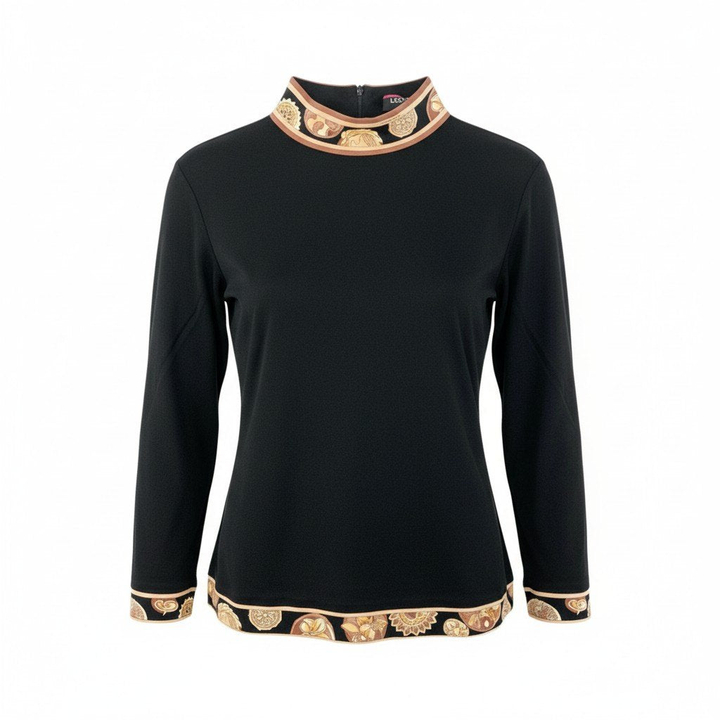 58k22 LEONARD FASHION レオナール モックネック 長袖カットソー ロングスリーブ 切替プリント カンカン素材 レディース 女性用 M ブラックu02t