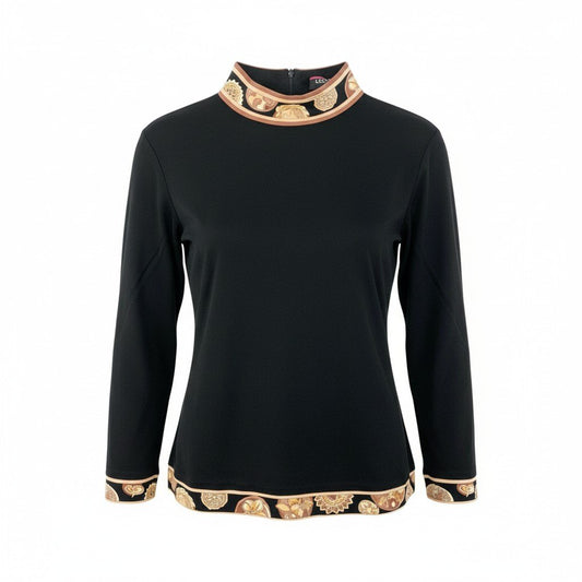 58k22 LEONARD FASHION レオナール モックネック 長袖カットソー ロングスリーブ 切替プリント カンカン素材 レディース 女性用 M ブラックu02t