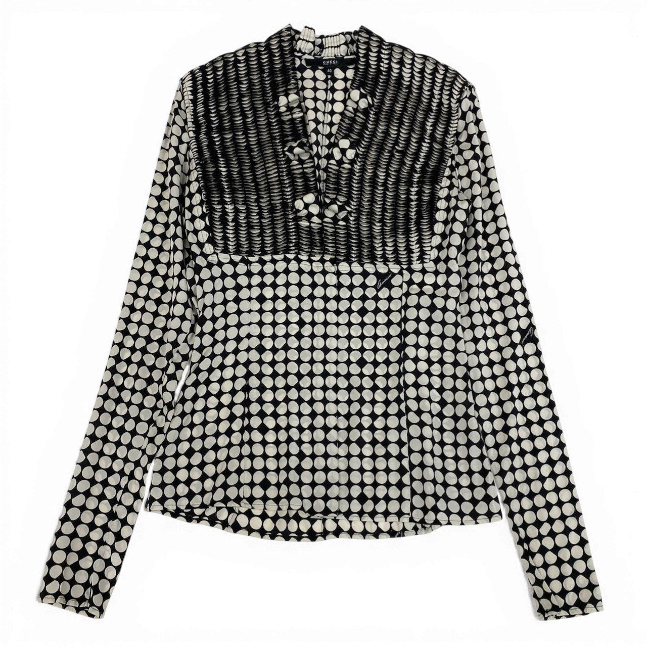 Ec27 GUCCI グッチ ロングスリーブブラウス ギャザーカットソー ポルカドット イタリア製 40サイズ ブラック アイボリー 画像参照 レディース 女性用u02t
