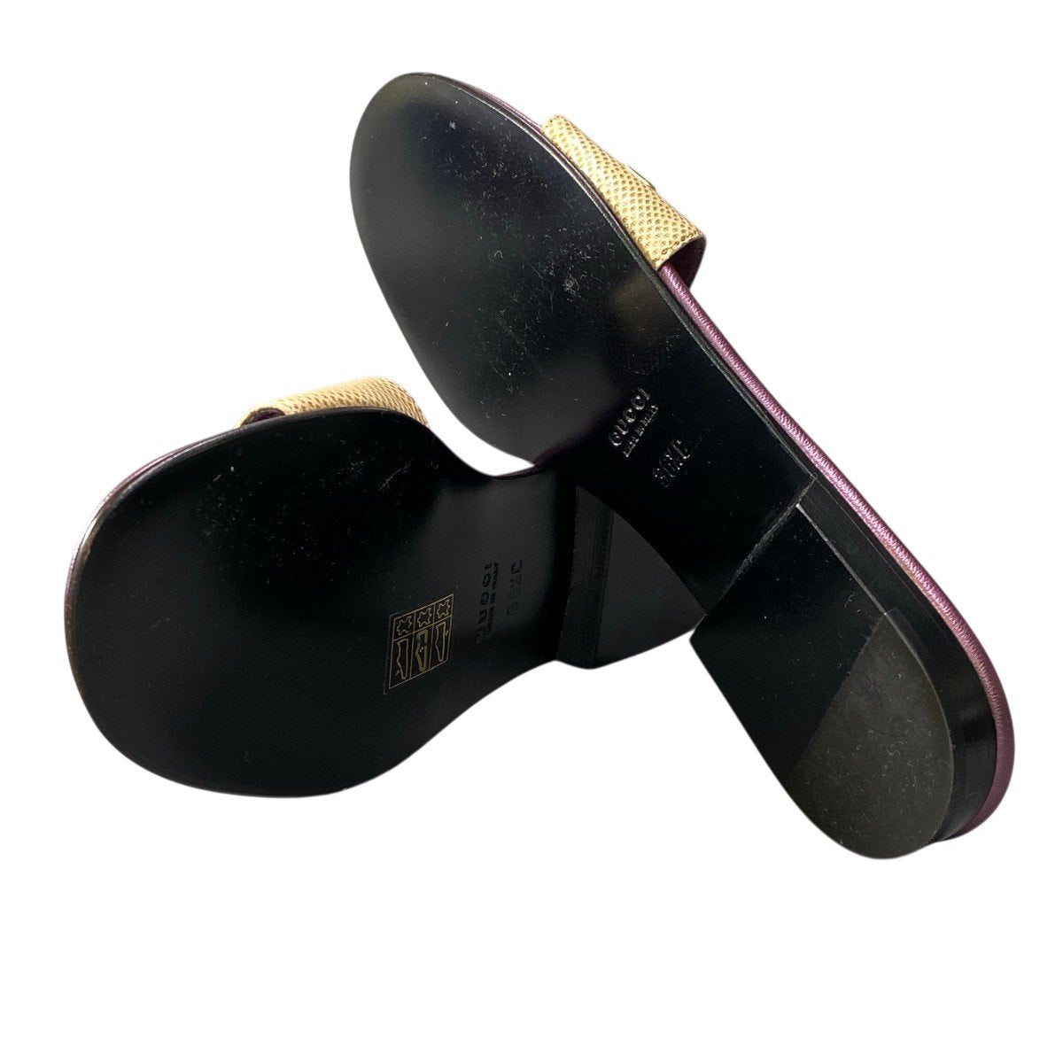 g31 【新品保管品】GUCCI レザーサンダル ブランドロゴプレート イタリア製 36 1/2サイズ パープル ベージュ レザー レディース 女性用k02i