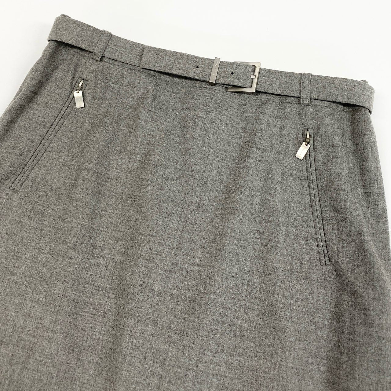 28b20 Vintage CELINE セリーヌ ロゴベルト付き タイトスカート 膝丈 46 グレー フランス製 大きいサイズu02t