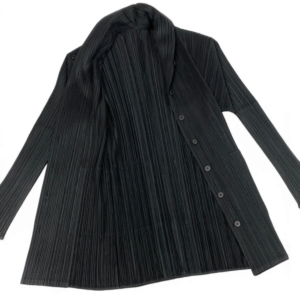 Ag10 【美品】 PLEATS PLEASE プリーツプリーズ ショールカラー ロングカーディガン サイズ3 ブラック ポリエステル100％ レディースt18r