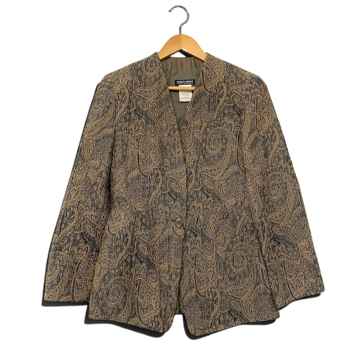 57j22 GIORGIO ARMANI ジョルジオアルマーニ ジャガード ノーカラージャケット スカート セットアップ イタリア製 40 カーキ系 ウール レディースo07t