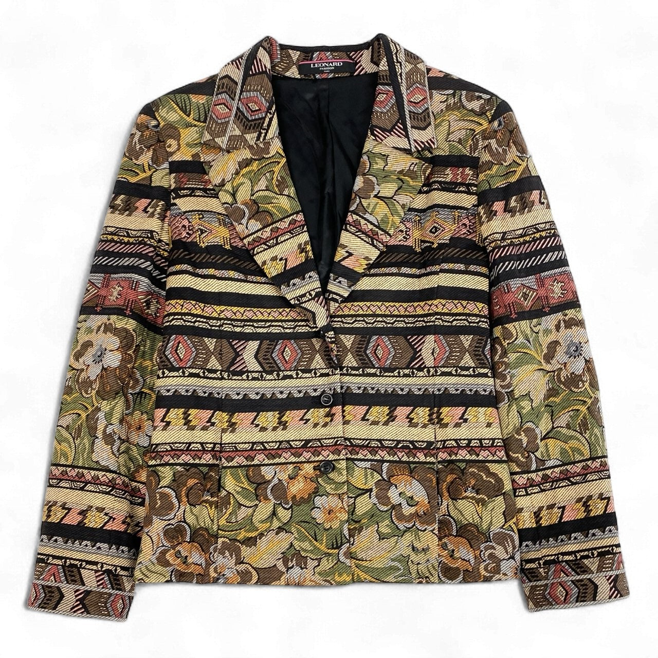 2k19《美品》 LEONARD FASHION レオナール テーラードジャケット 中綿ジャケット 総柄 美しい花柄プリント ウールシルク混 レディース 女性用 M マルチカラーu02t