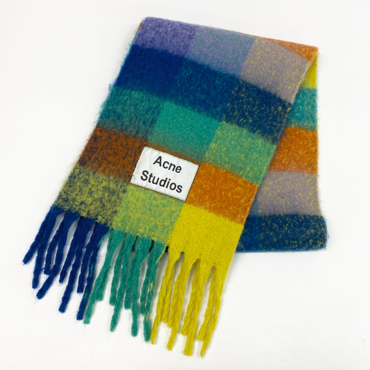36L19 《美品》 Acne Studios アクネストゥディオズ 大判マフラー ストール ブロックチェック フリンジ付き マルチカラー アルパカウール混 ユニセックス 男女兼用k02i