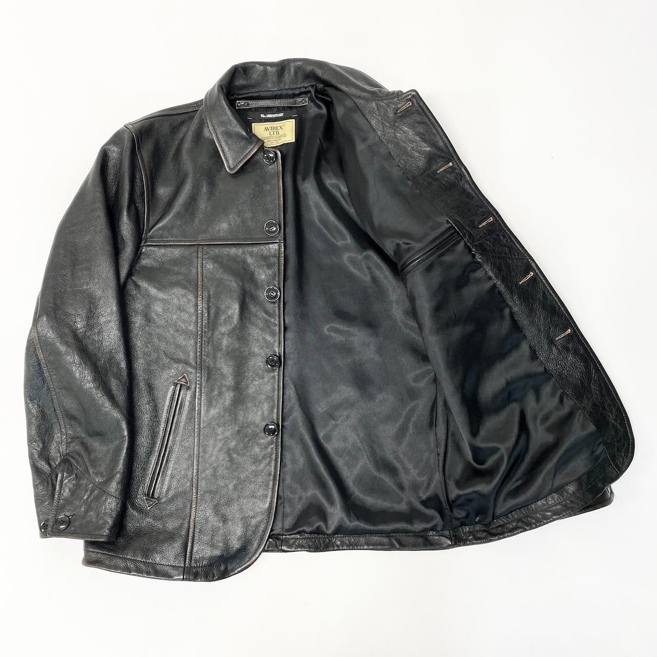 62d5 《美品》 AVIREX アヴィレックス 50th カウハイド カーコート サイズL ブラック 牛革 レザージャケット Vintage Finish ヴィンテージ加工t18r