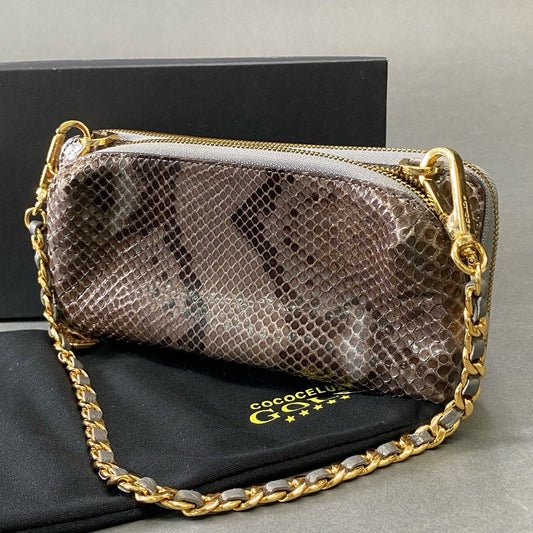 g29《美品》 COCOCELUX GOLD ココセリュクス ゴールド チェーン パイソンウォレット グレー ボルドー レザー エキゾチック ポーチ バッグ