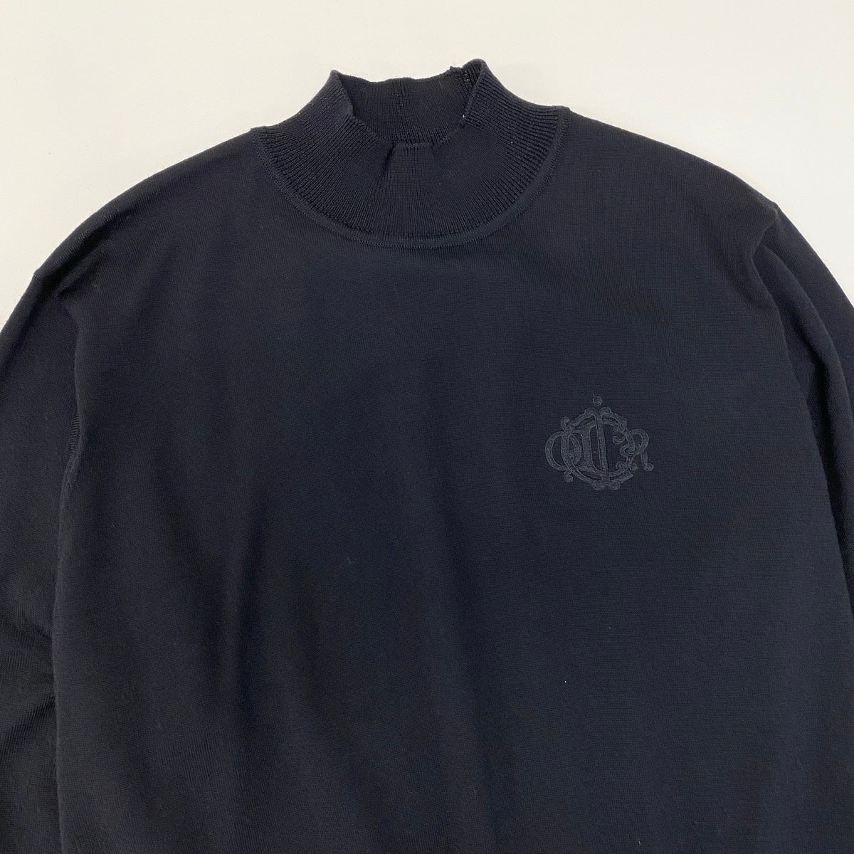 65g14 【美品】 Christian Dior クリスチャンディオール モックネック ニットセーター ロゴ刺繡 ハイゲージニット サイズL ブラック ウール100％ レディースo07t