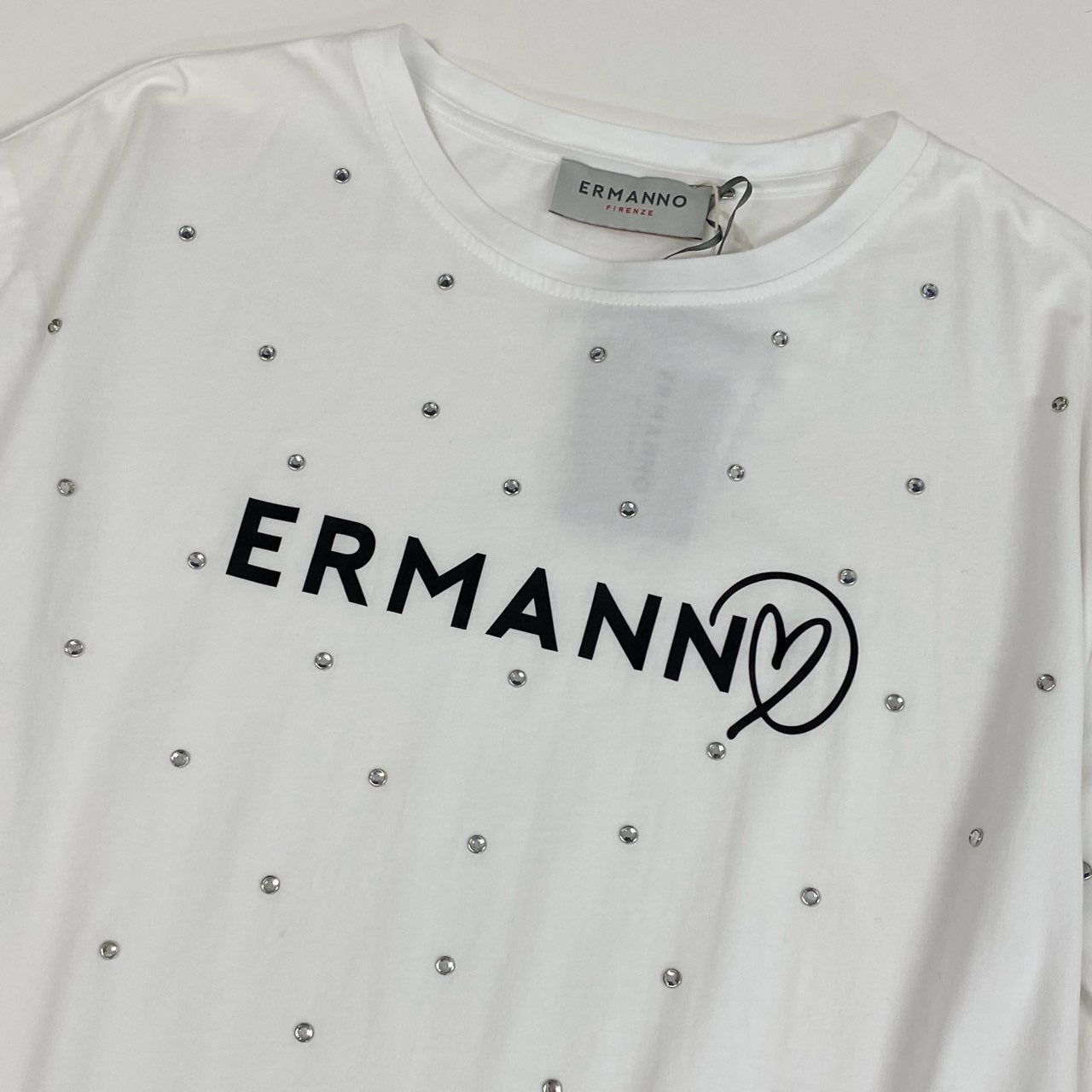 2j27《極美品》ERMANNO FIRENZE エルマンノ フィレンツェ 半袖Tシャツ ラインストーン ブランドロゴ 44サイズ ホワイト レディースu02t