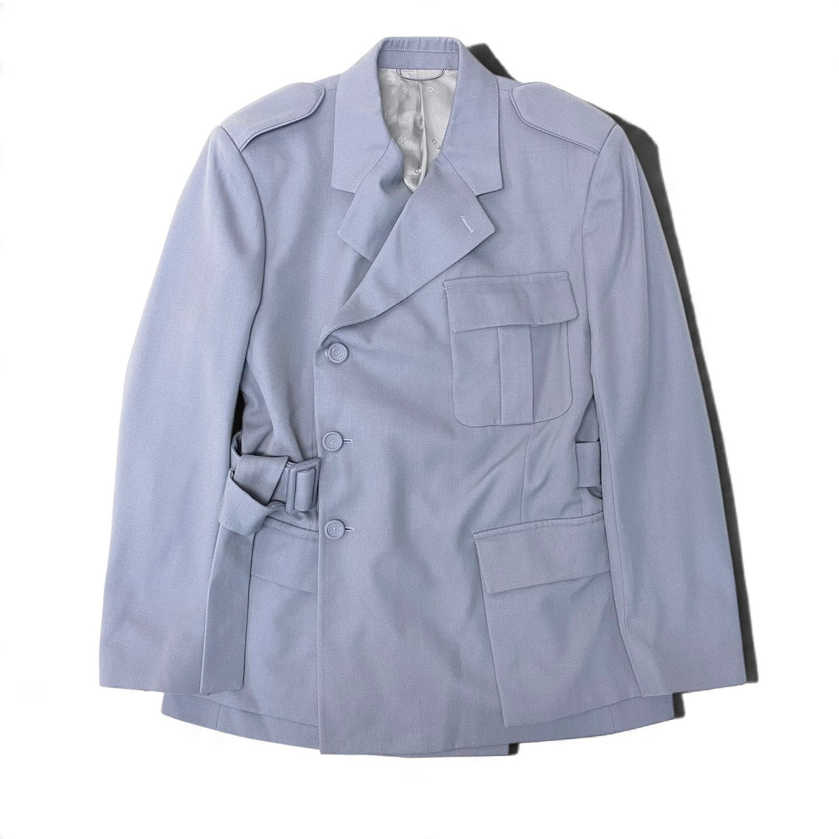 10j15 【未使用】 DIOR HOMME ディオール オム アシンメトリーボタン サファリジャケット ウエストベルト サイズ48 ブルーグレー ウール100％ メンズu02t