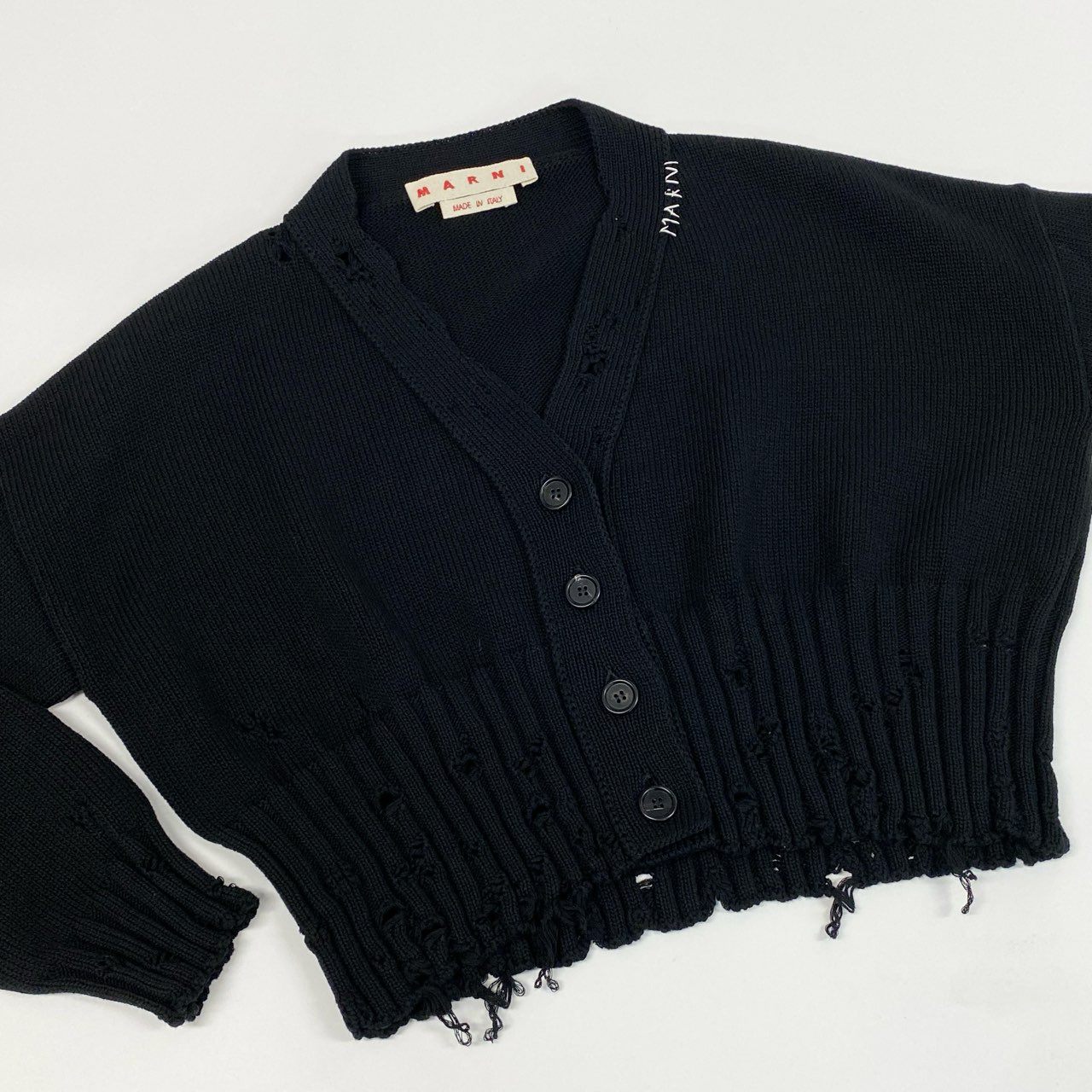 Ib19 【美品】 MARNI マルニ ダメージ クロップド カーディガン ニットカーディガン Vネック 刺繍ロゴ レディース 女性用 CDMD0223A2 UFC652 サイズ40 ブラック コットン100％t18r