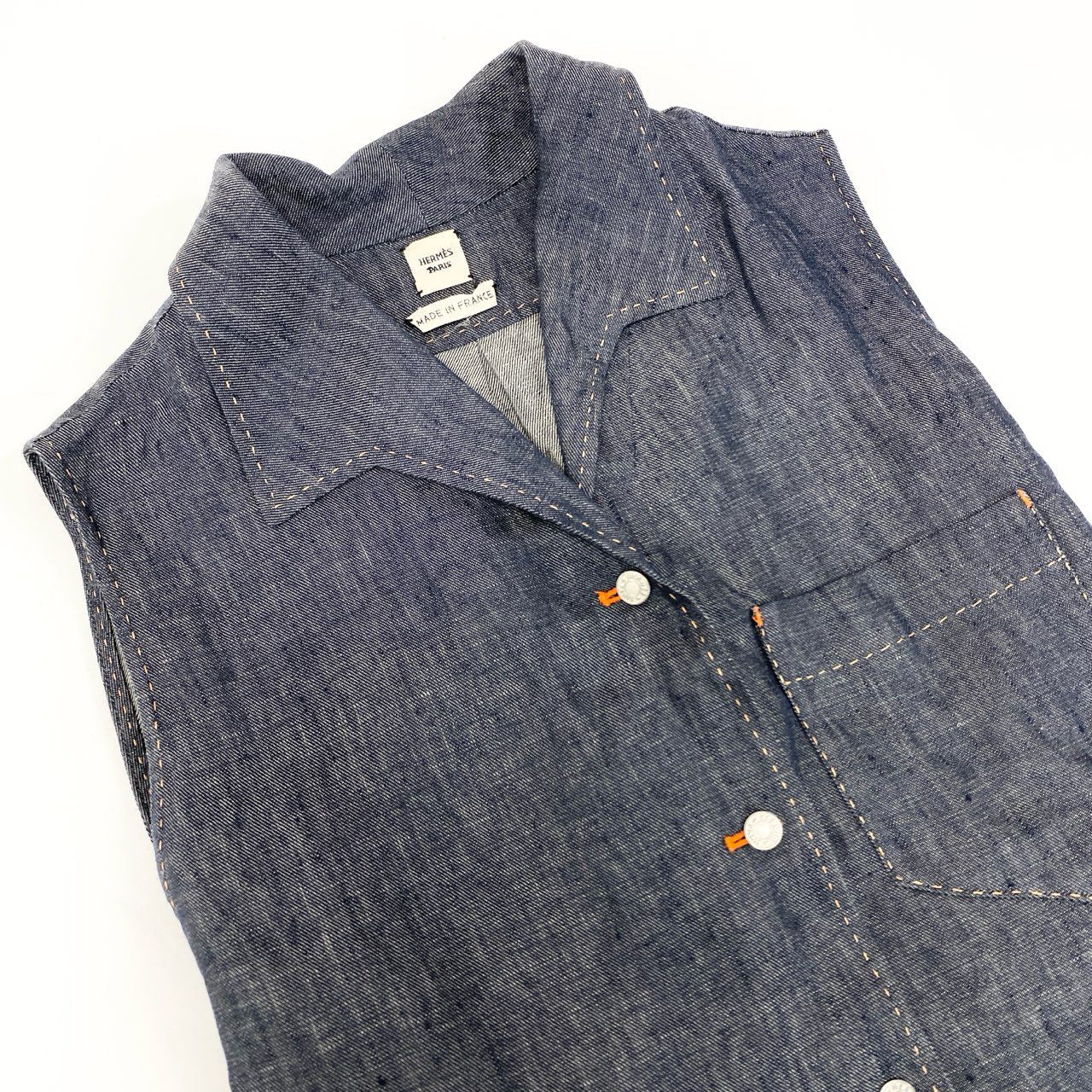 10k11【美品】HERMES PARIS エルメスパリス ノースリーブデニムシャツ デニムベスト リネン100％ ゴルチエ期 フランス製 34サイズ インディゴ レディースu02t