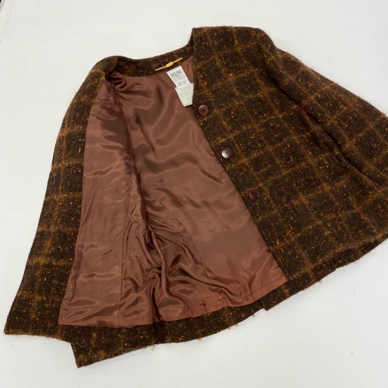 82a29 Vintage CELINE セリーヌ ツイード ジャケット スカート ゴールドチェーン 42 ブラウン ウールレーヨン フランス製u02t