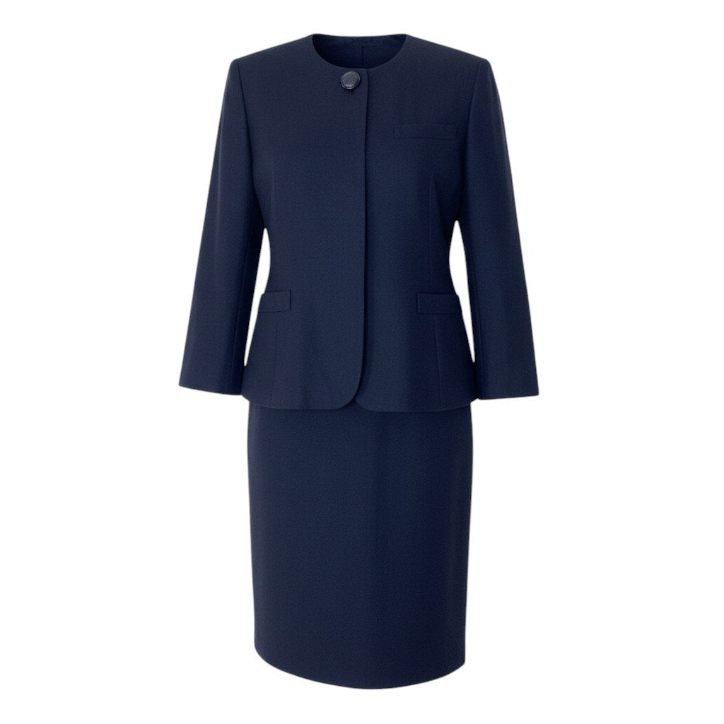84i15 Christian Dior クリスチャンディオール セットアップ スカートスーツ ノーカラージャケット フォーマル サイズ9 ネイビー ウール100％ レディースo07t