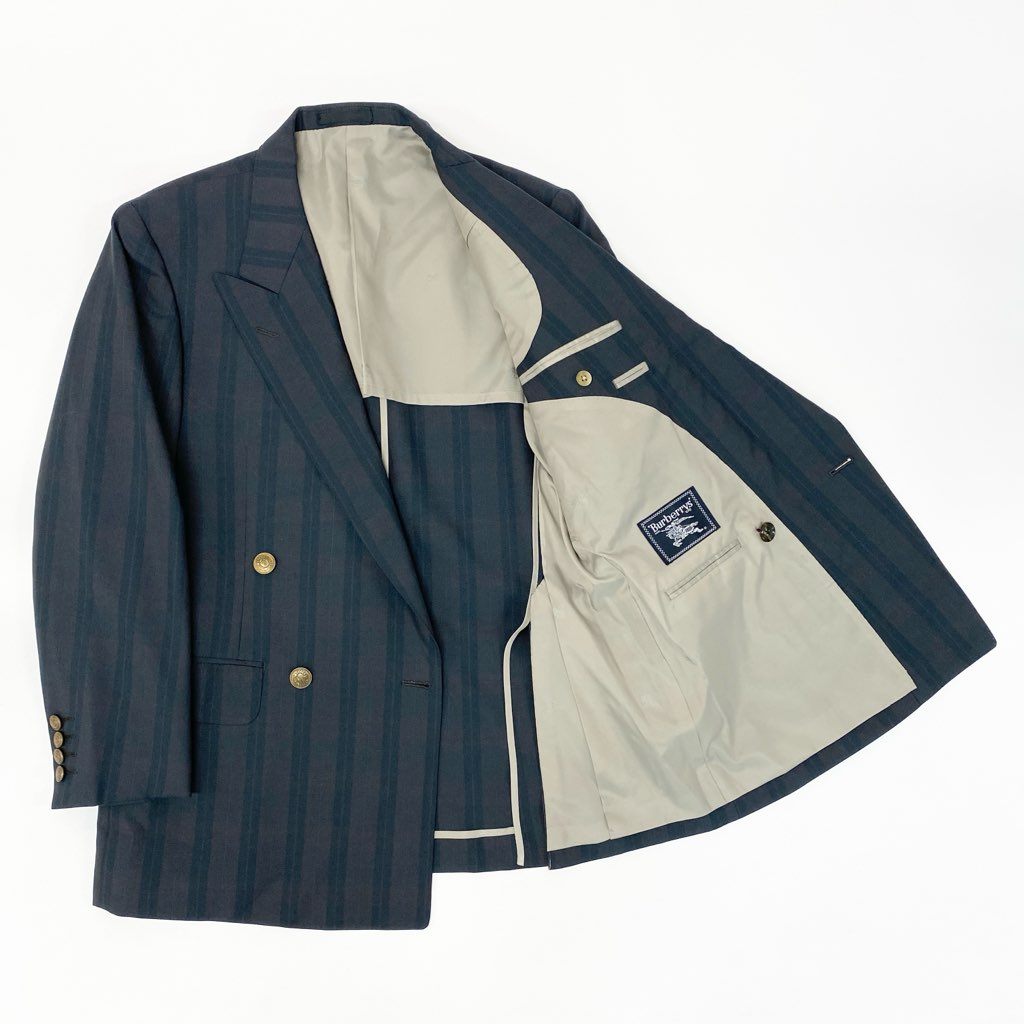 16a27 Burberrys バーバリーズ ダブルブレスト テーラードジャケット ブレザー 金ボタン チェック柄 90-78-165 A4 ネイビー系 ウール100％ メンズ 男性用o07t