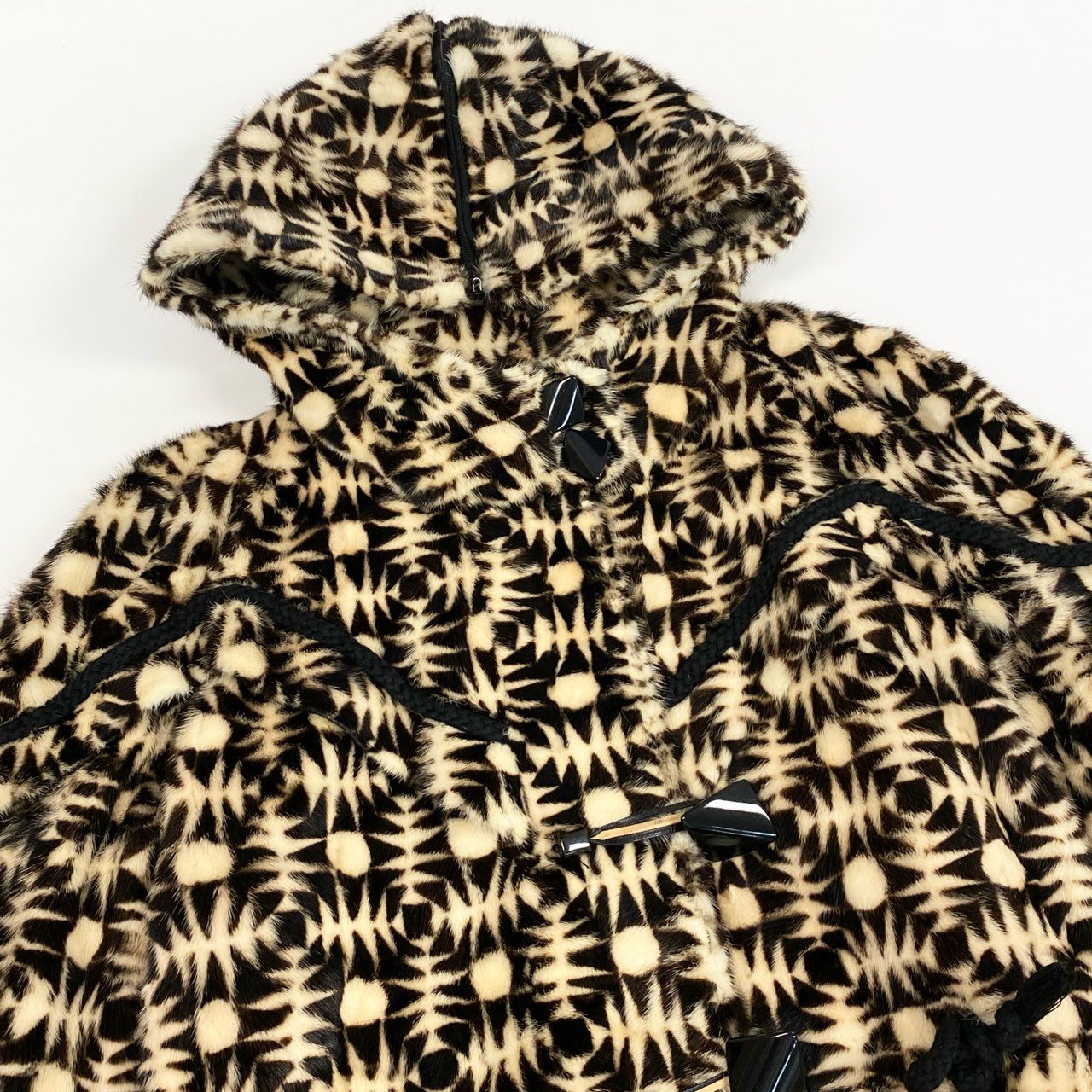 26L5 《希少》 SGOURIDIS 総柄ミンク フード付き ロングコート サイズF ブラウン ホワイト 最高級本毛皮 レアデザイン MINK FURt18r