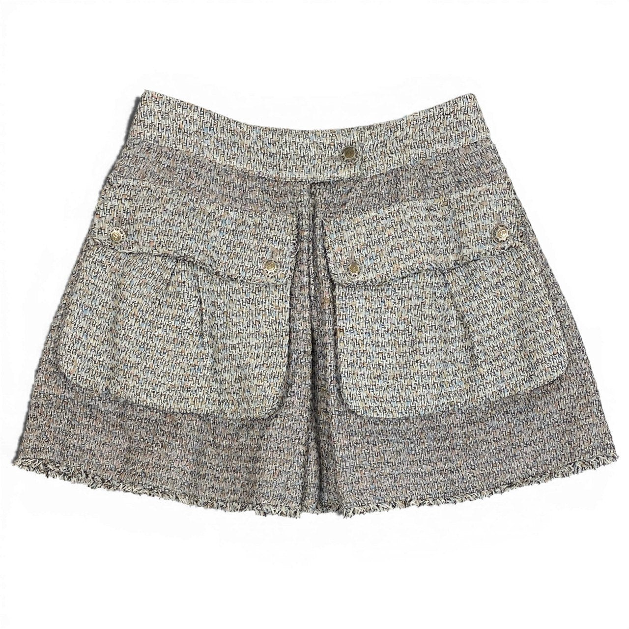 56a14 CHANEL シャネル 2011年 P40416 ２ポケット ココマークボタン ツイードスカート ミニスカート サイズ38 マルチカラー レディースta1