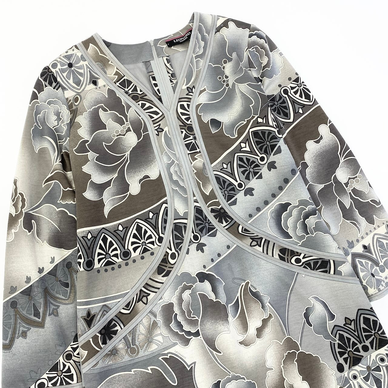 67e7 LEONARD FASHION レオナール Vネック ロングワンピース 花柄プリント 総柄 シルクウール混 サイズ42 マルチカラー レディース 女性服o07t