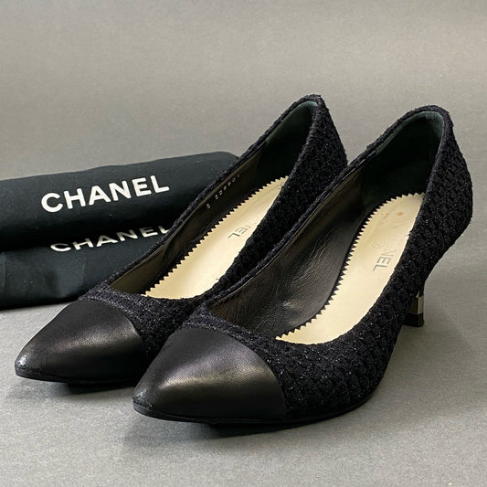 1g9 CHANEL シャネル ココマーク レザーキャップ ツイードパンプス 36 1/2 ブラック シューズ フォーマル 結婚式 パーティ 保存袋有