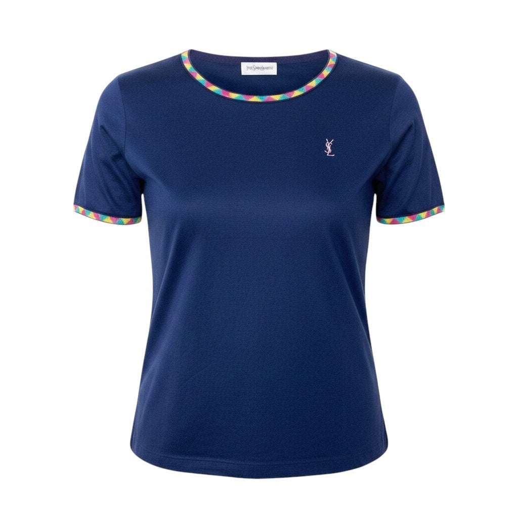 If11 Yves Saint Laurent イヴサンローラン YSLロゴ刺繍 Tシャツ 半袖カットソー トップス Mサイズ ネイビー  コットン レディースo07t