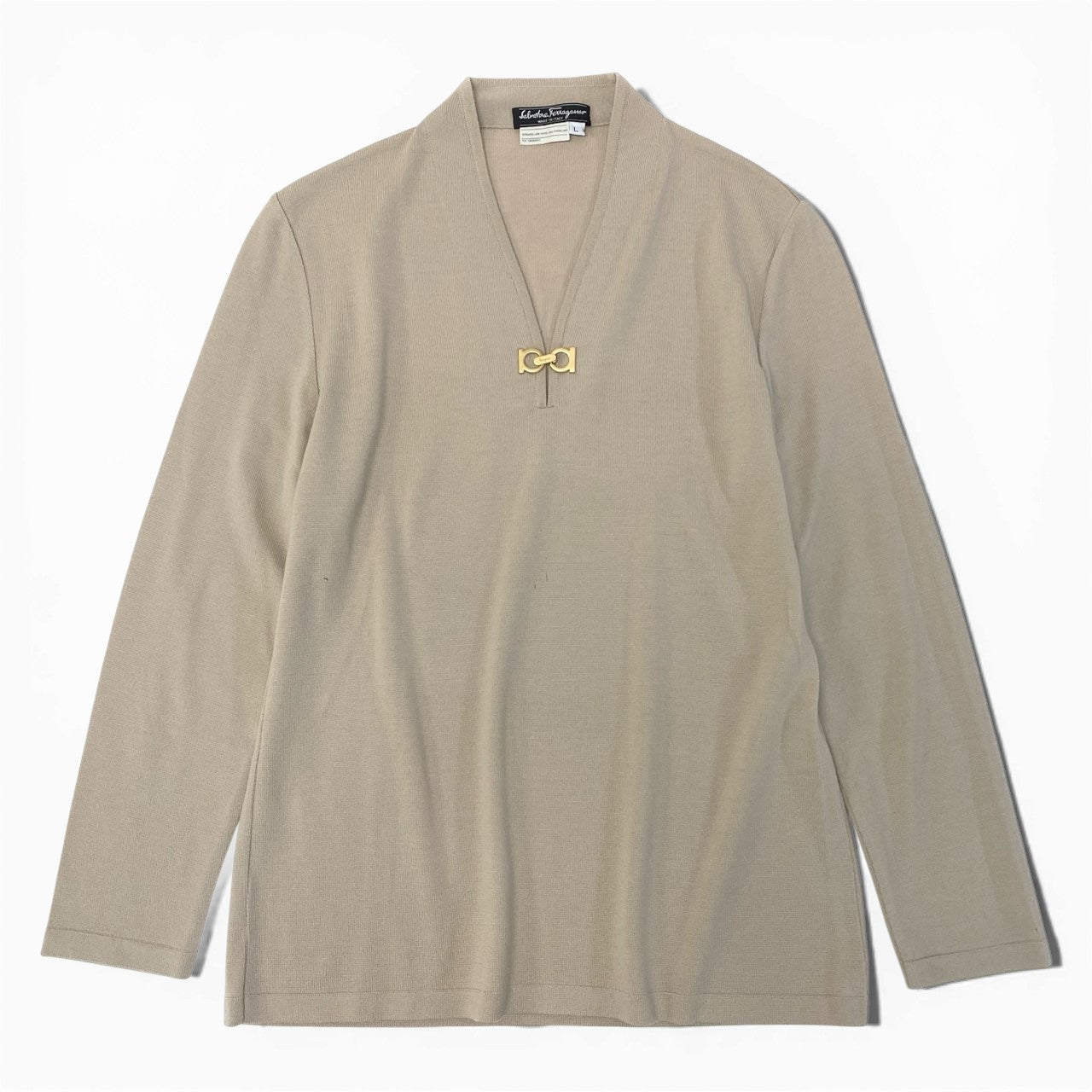 Ia16 Salvatore Ferragamo サルヴァトーレ フェラガモ ガンチーニ Vネック ニット セーター サイズL ベージュ Gancini Knit Sweatert18r