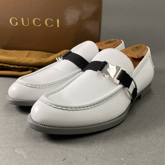 1f2 《極美品》 GUCCI グッチ メタルロゴ ベルトローファー 6 ホワイト レザー シューズ イタリア製 ビジネス