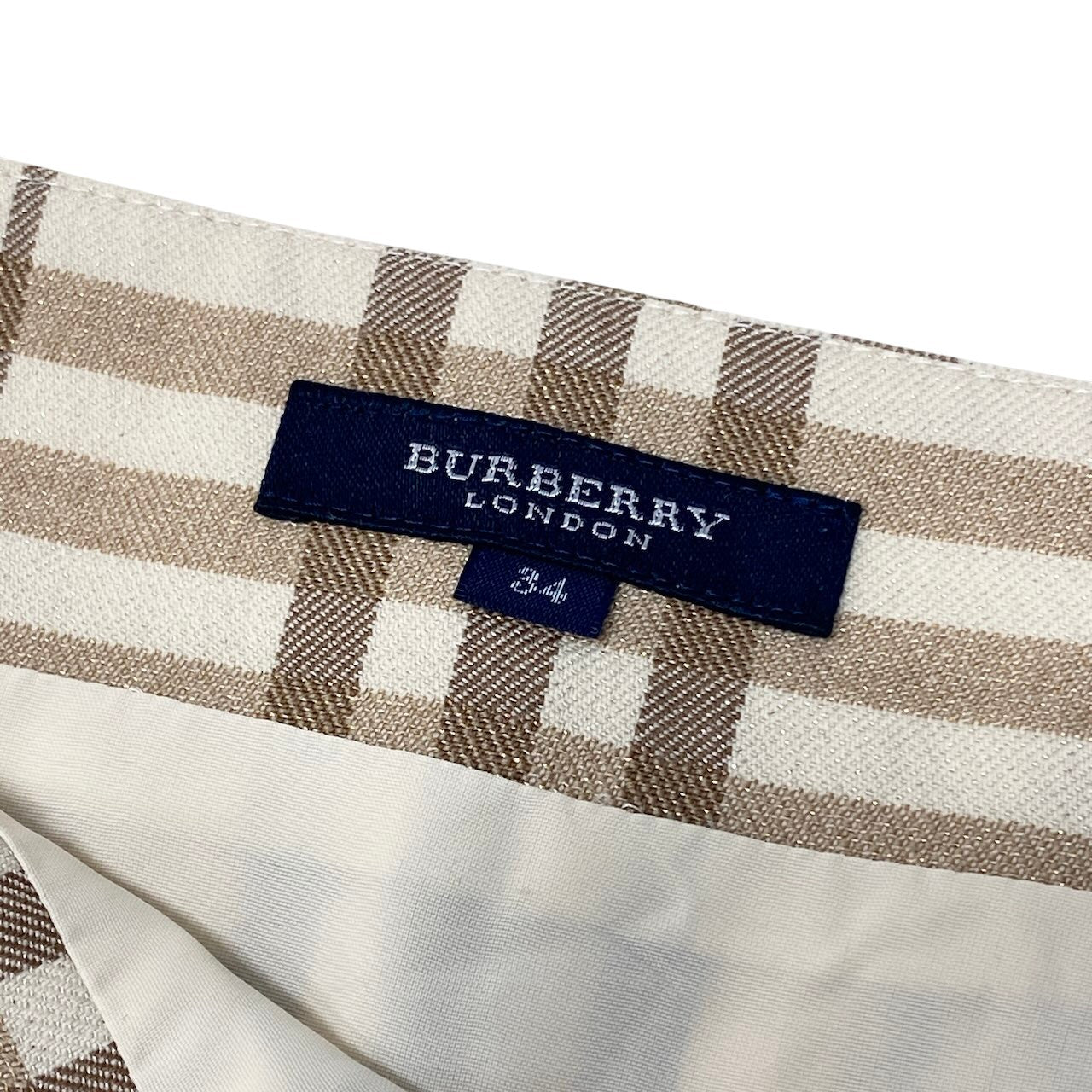 Ig6 BURBERRY LONDON バーバリー ラメ混 タックスカート チェック柄 サイズ34 ベージュ アイボリー ウール レディースo07t