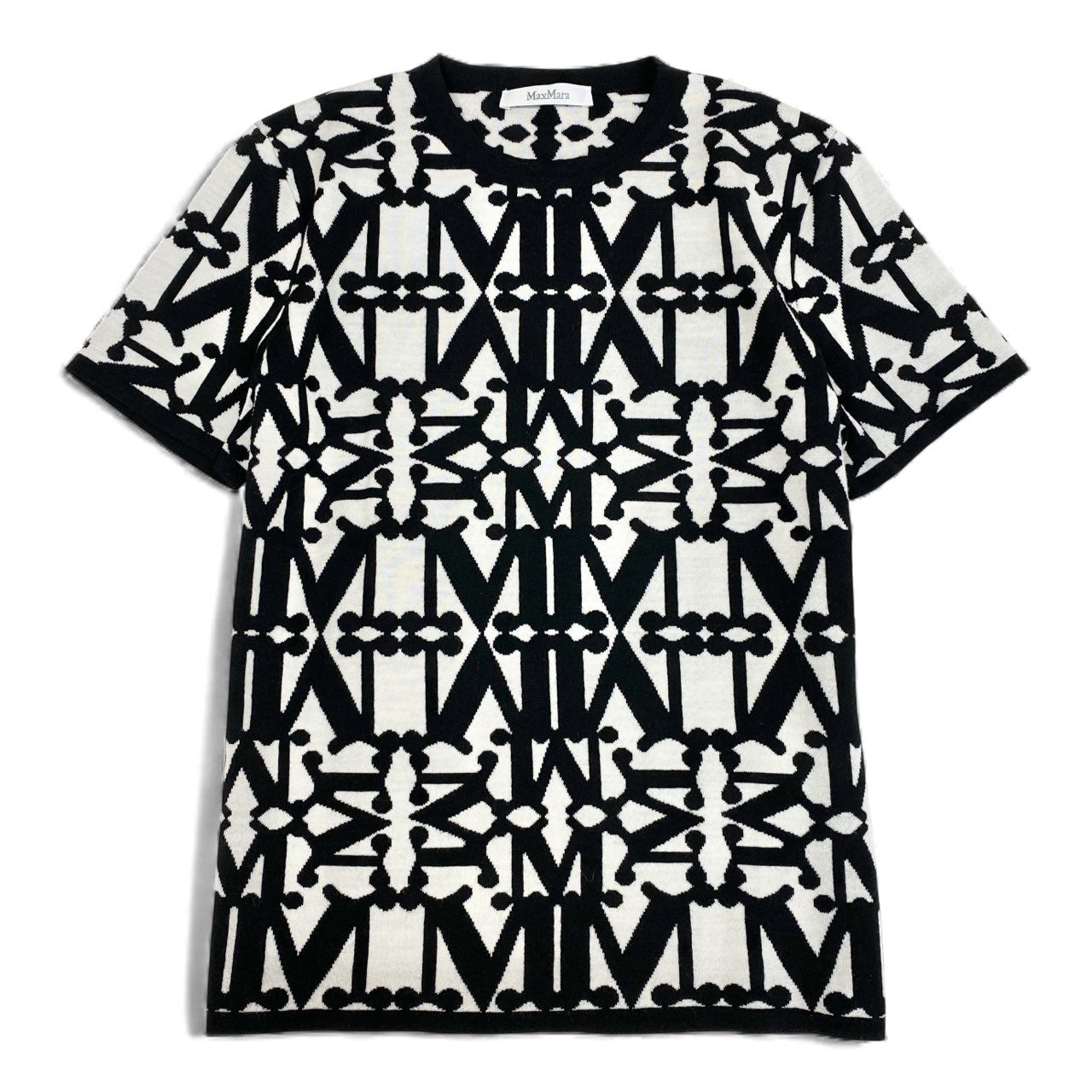 EL8【美品】MaxMara マックスマーラ 半袖ニット ニットセーター 総柄 幾何学模様 Sサイズ ブラック ホワイト ウール100％ レディースk02i