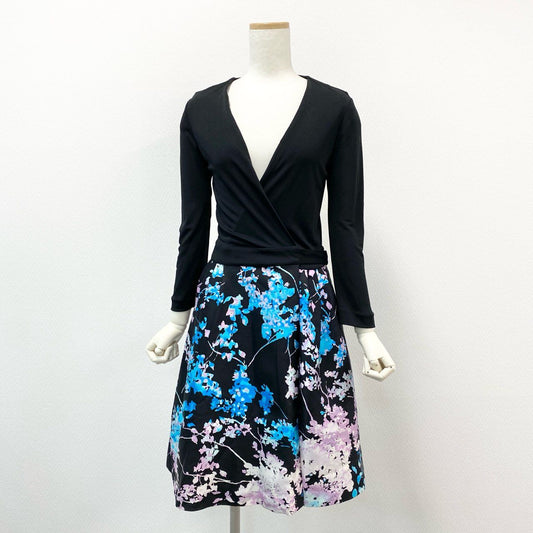 45h26 Diane von Furstenberg ダイアンフォンファステンバーグ シルク混 カシュクール 長袖ワンピース ドレス 花柄プリント 2 ブラック マルチカラー ウール シルク レディースo07t
