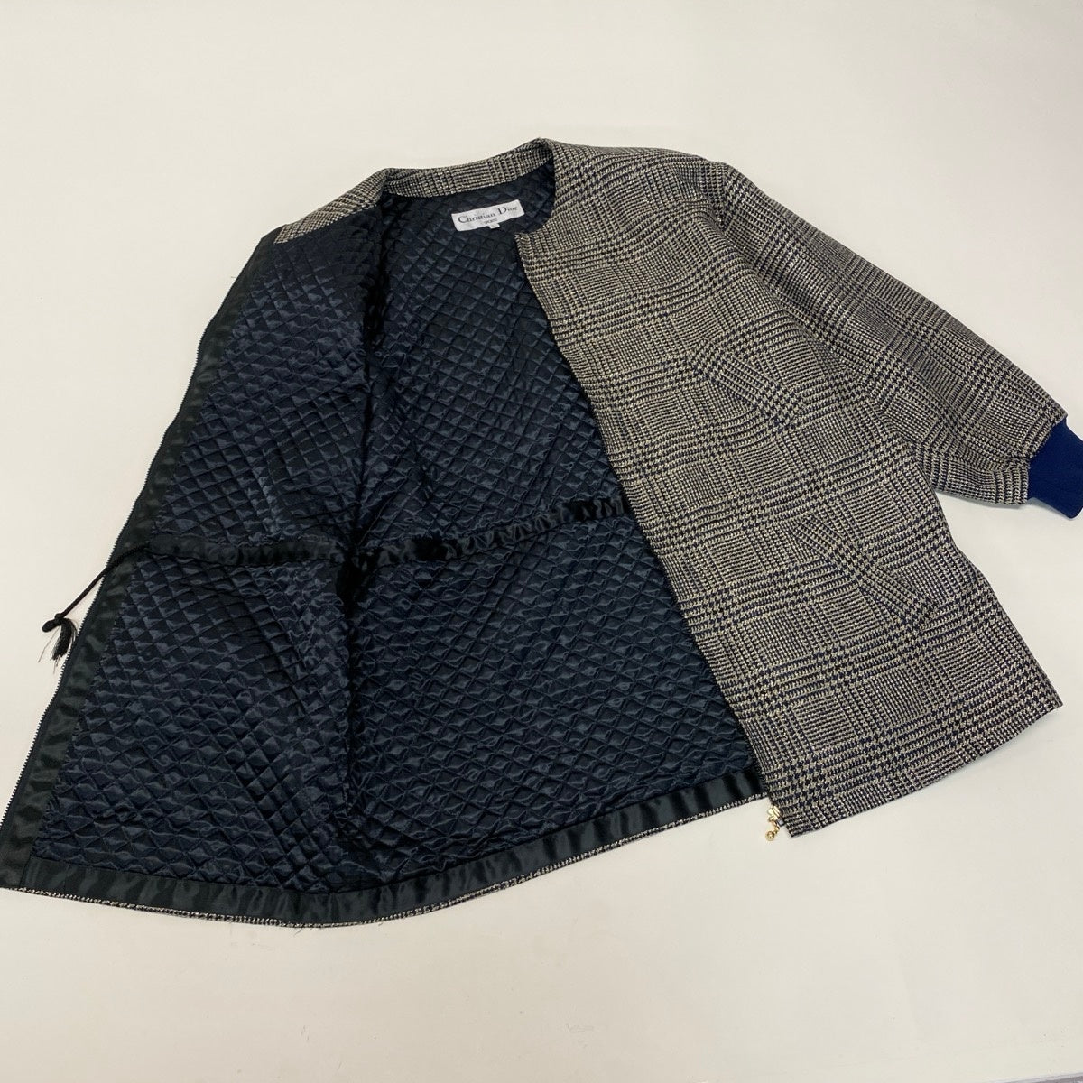 25g8 Christian Dior クリスチャンディオール ノーカラーツイードコートジャケット グレンチェック ラメ アウター Lサイズ ベージュ ネイビー レディース 女性用u02t
