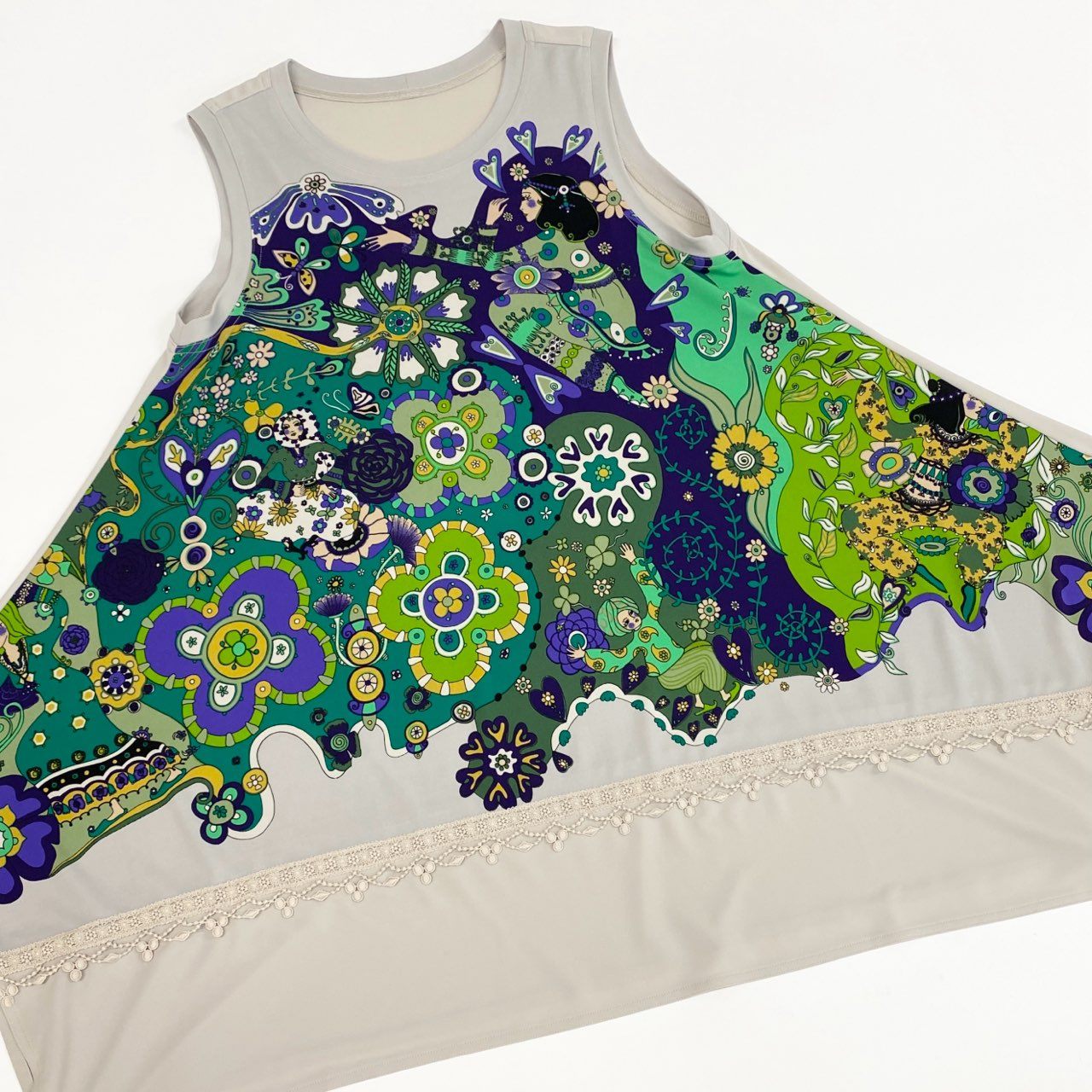 2k19《美品》 TOKUKO 1er VOL トクコプルミエヴォル チュニックワンピース ノースリーブ 裾変形デザイン プリント 刺繍 9 ベージュ レディースu02t