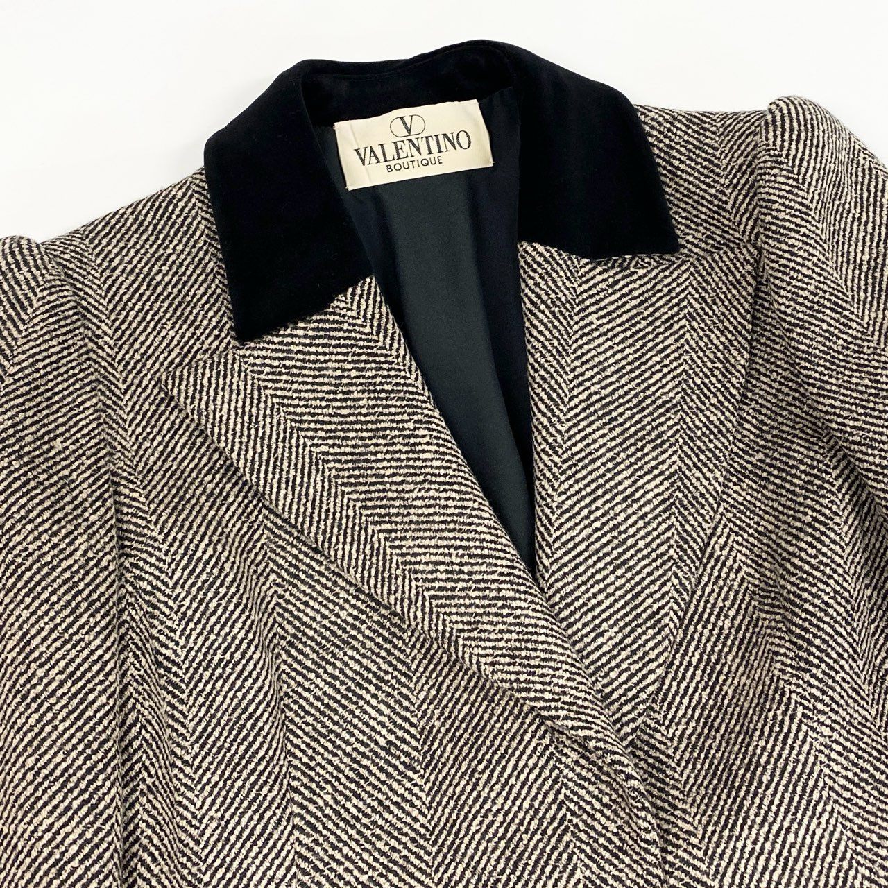 58a21 Vintage VALENTINO BOUTIQUE ヴァレンティノ ブティック チェスターコート ツイード ロングコート ヘリンボーン ウール混 レディース 女性用 サイズ6 ブラック ベージュu02t