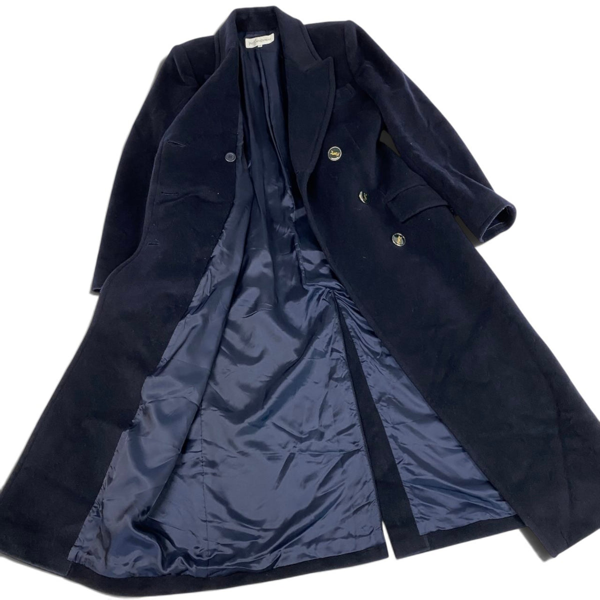 i19 YVES SAINT LAURENT ダブルブレストチェスターコート YSLロゴボタン ロングコート 36サイズ ダークネイビー ウール100％ レディース 女性用u02t
