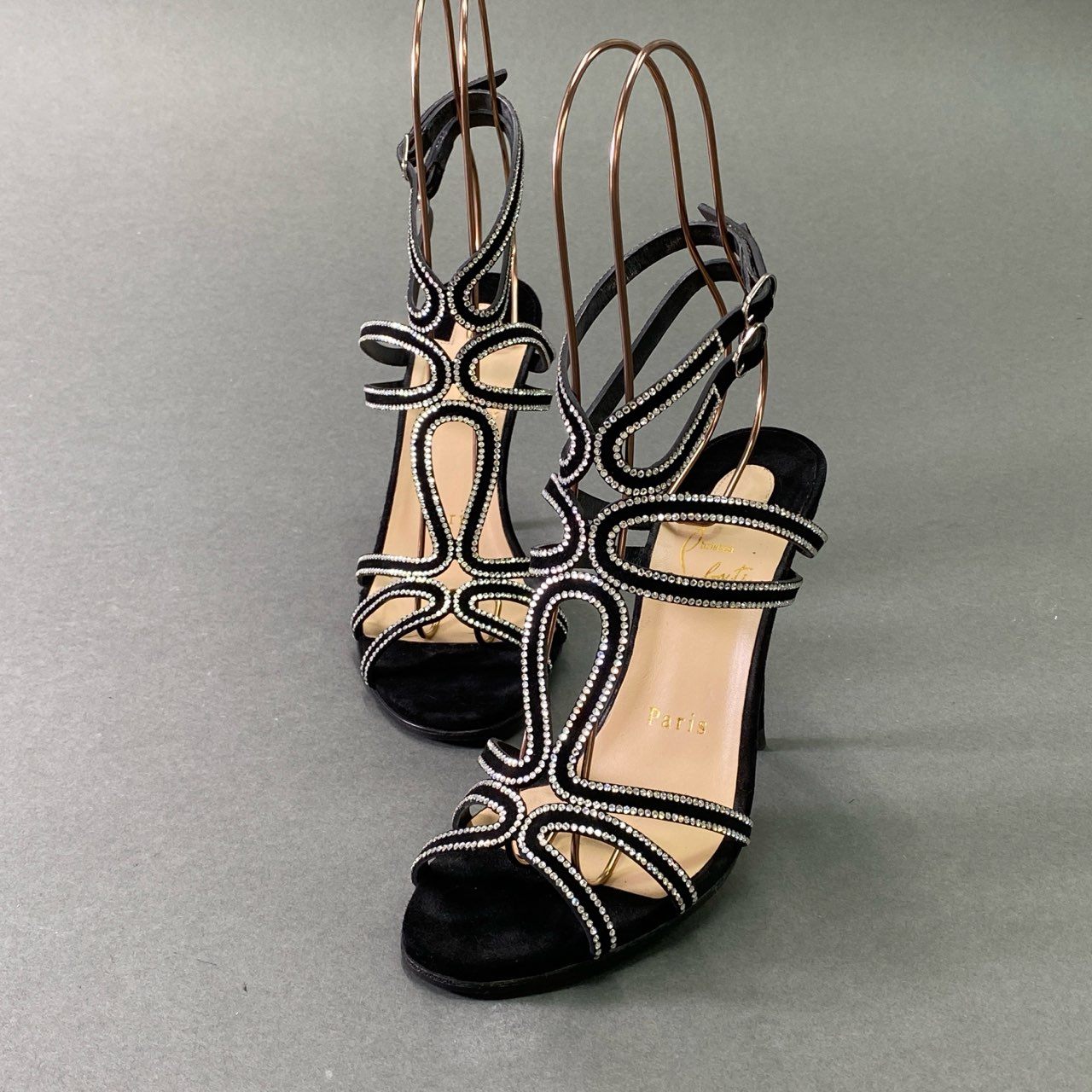 5e30 《極美品》 Christian Louboutin クリスチャンルブタン RENEE STRASS 100 ラインストーン クリスタルヒールサンダル 36 ブラック スエードレザー パンプス 箱付き