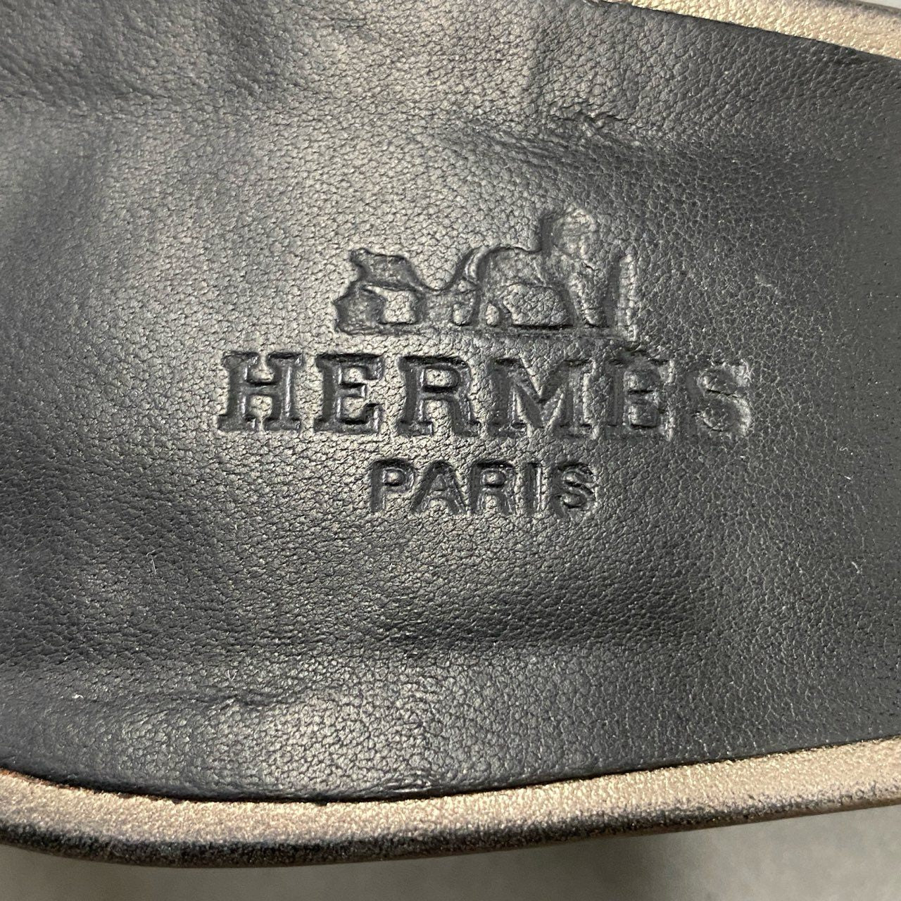 6f18 HERMES エルメス OASIS オアジス Hロゴ サンダル 38 1/2 シルバー レザー シューズ イタリア製