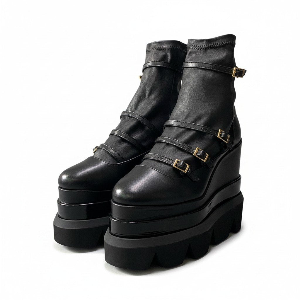 e19 【美品】 sacai サカイ 21aw プラットフォーム アンクルブーツ レザーブーツ 厚底 サイズ37 ブラック レディース 女性靴u02t
