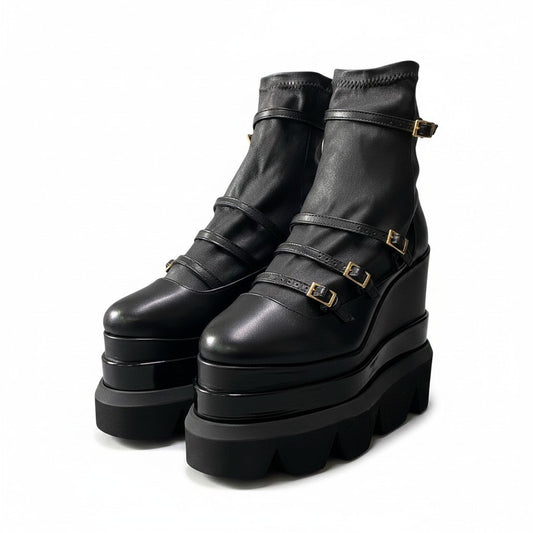 e19 【美品】 sacai サカイ 21aw プラットフォーム アンクルブーツ レザーブーツ 厚底 サイズ37 ブラック レディース 女性靴u02t
