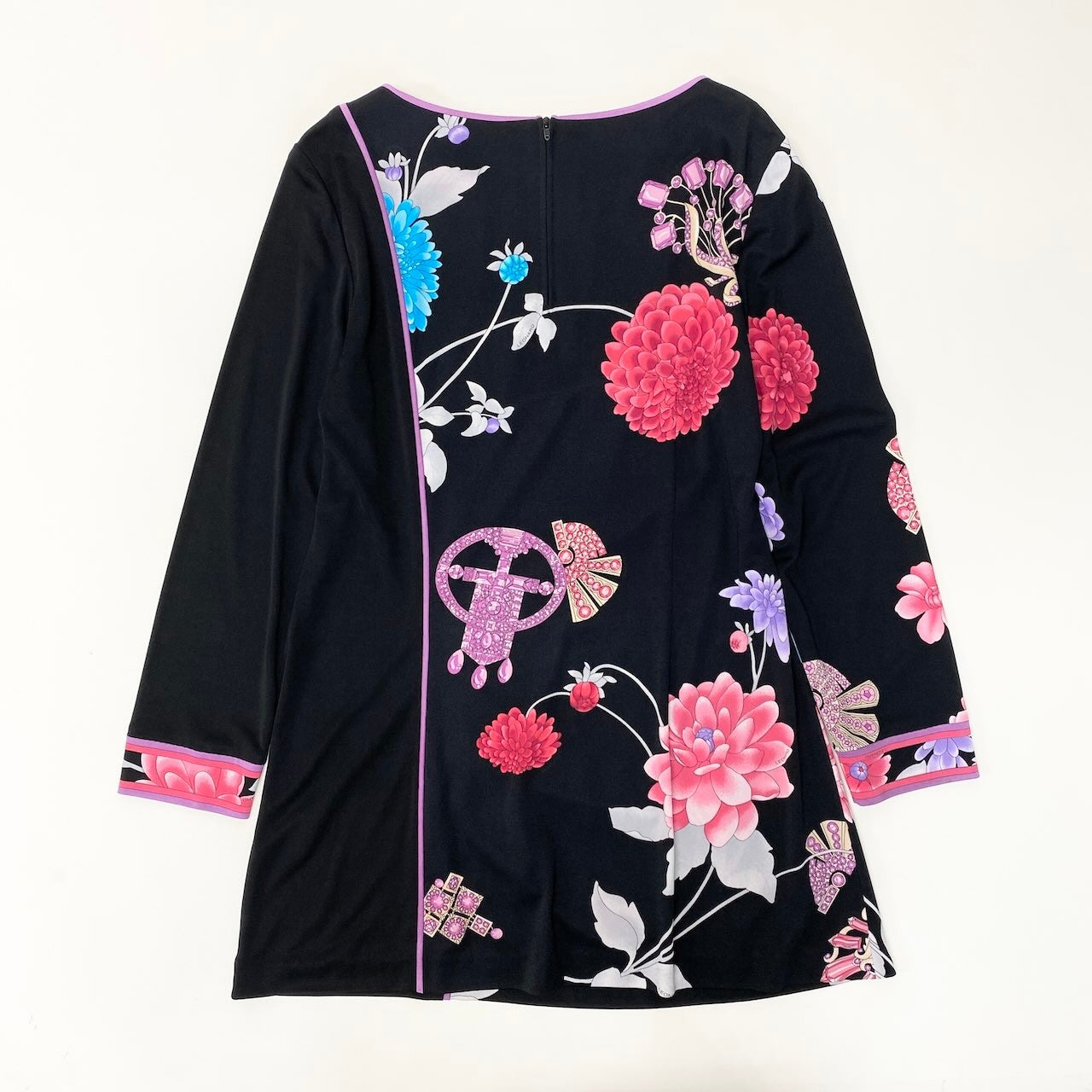 14f15 LEONARD FASHION レオナール ロングスリーブ チュニックワンピース カンカン素材 美しい花柄プリント サイズ40 ブラック 画像参照 レディース 女性服u02t