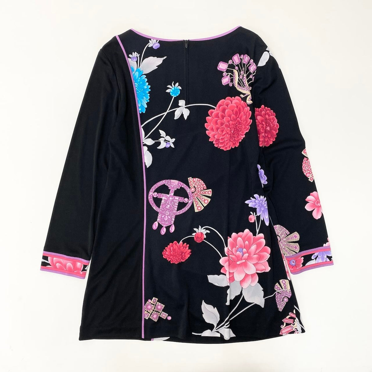 14f15 LEONARD FASHION レオナール ロングスリーブ チュニックワンピース カンカン素材 美しい花柄プリント サイズ40 ブラック 画像参照 レディース 女性服u02t