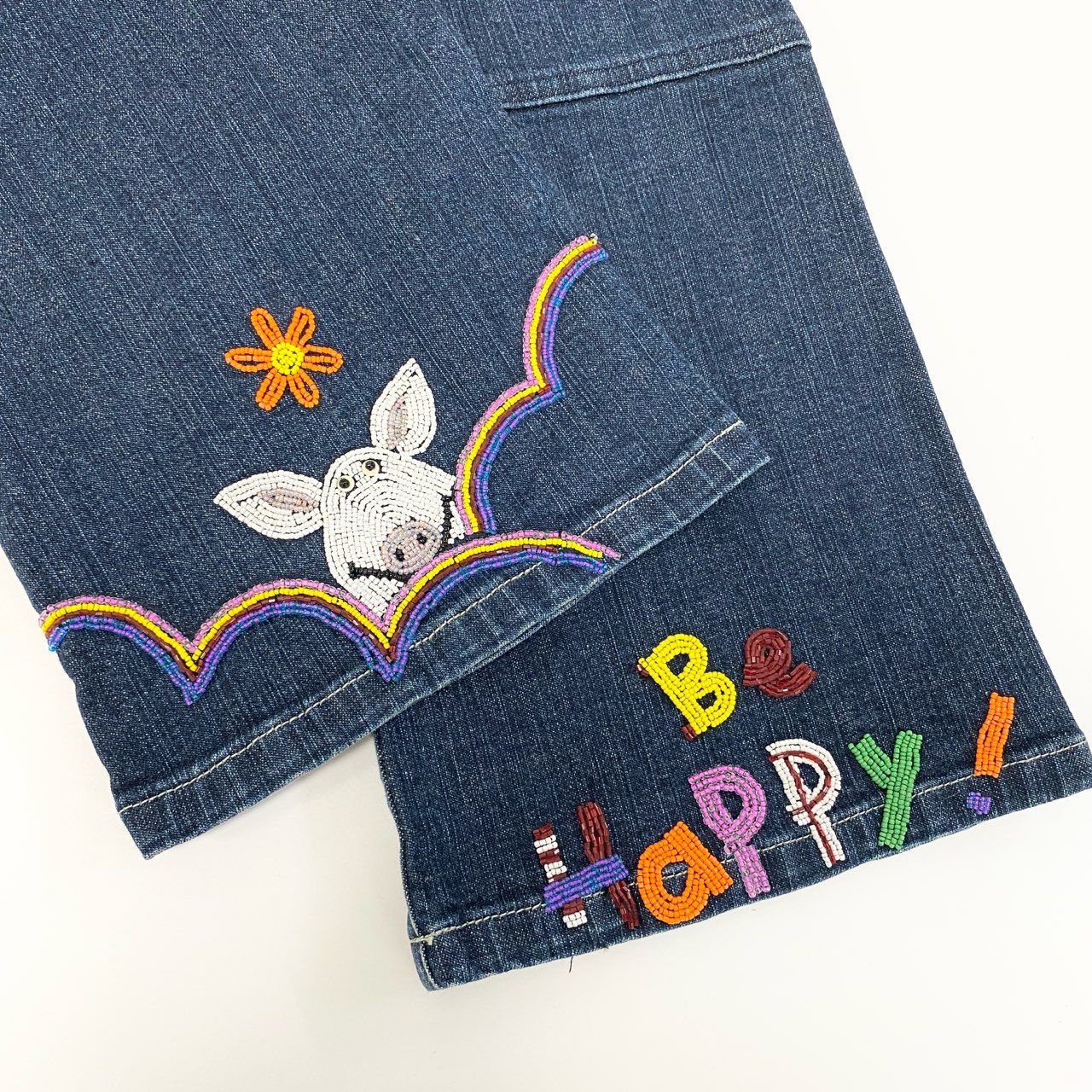 59a21 OLLEBOREBLA オレボレブラ アルベロベロ デニムパンツ ジーンズ 裾ビーズ刺繍 ウサギ 花柄 ストレッチ〇 レディース 女性用 M インディゴブルーo07t