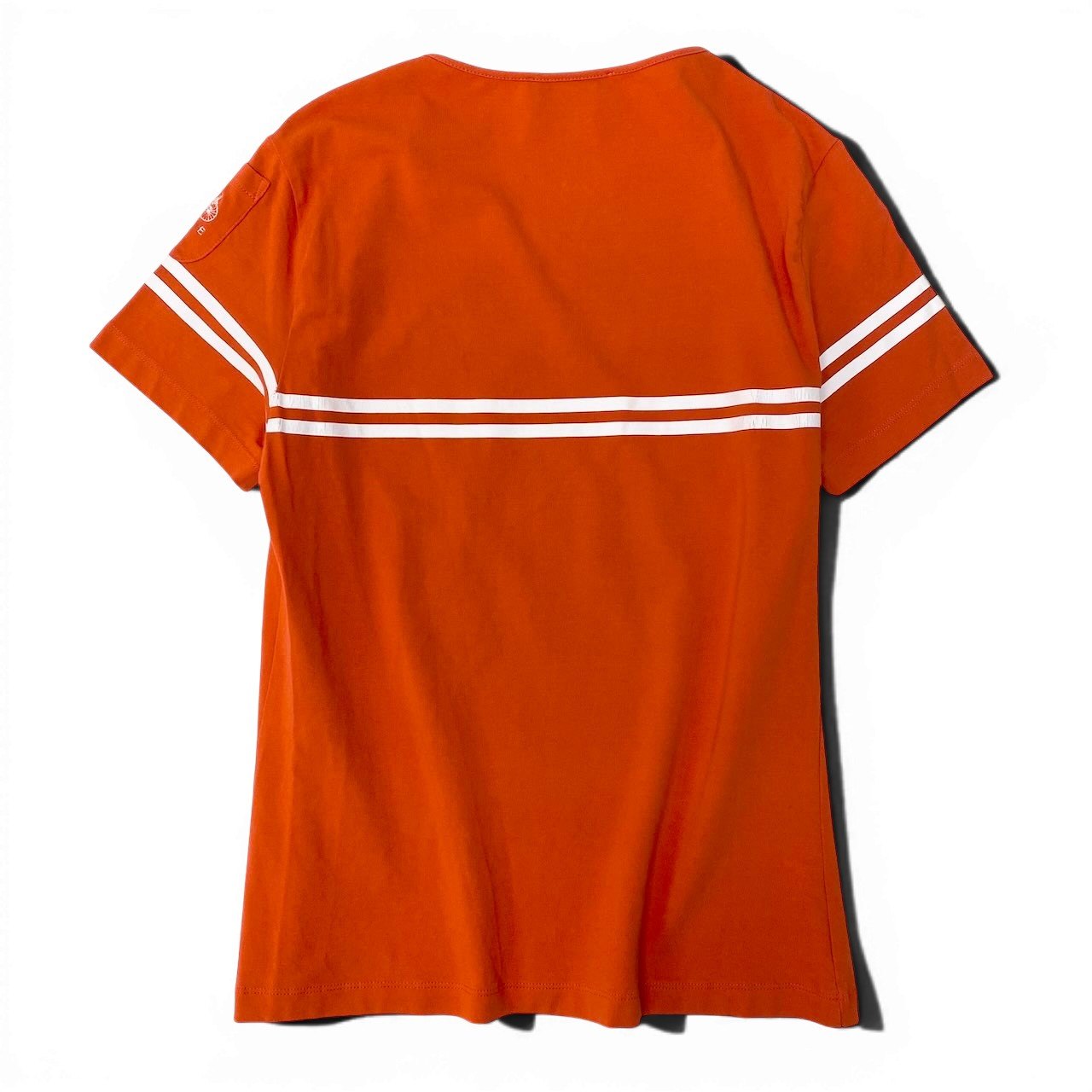 27e11 CELINE セリーヌ クルーベック カットソー 半袖Tシャツ ボーダー ロゴ刺繍 ストレッチ サイズM オレンジ レディース 女性服u02t